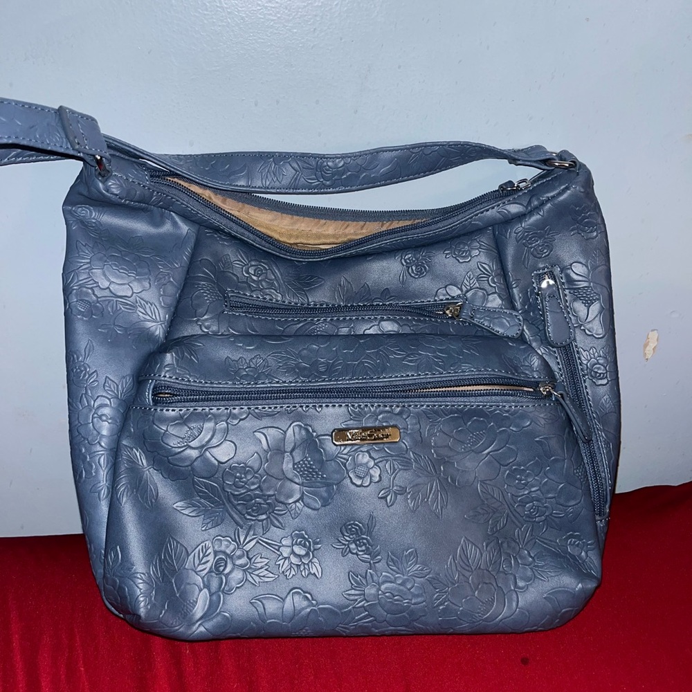 Floral Embossed Blue Shoulder Bag